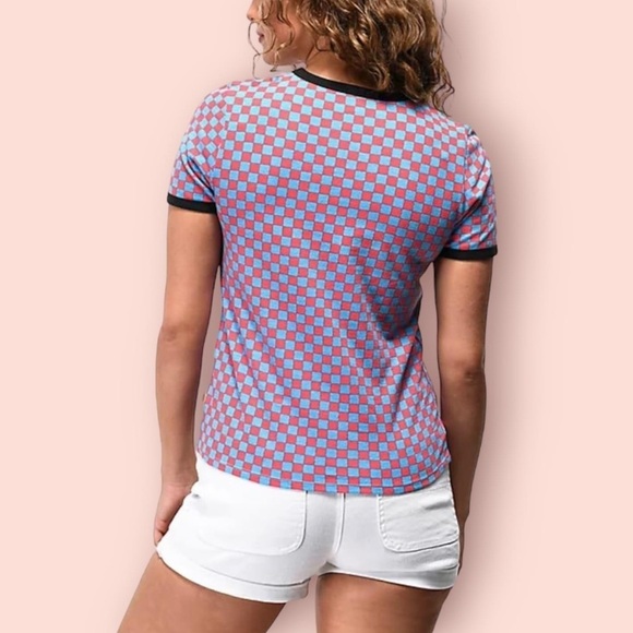 Vans x T&C Surf Designs Ringer Pink & Blue  Checkered Fitted Tee, Size XS - Picture 2 of 9